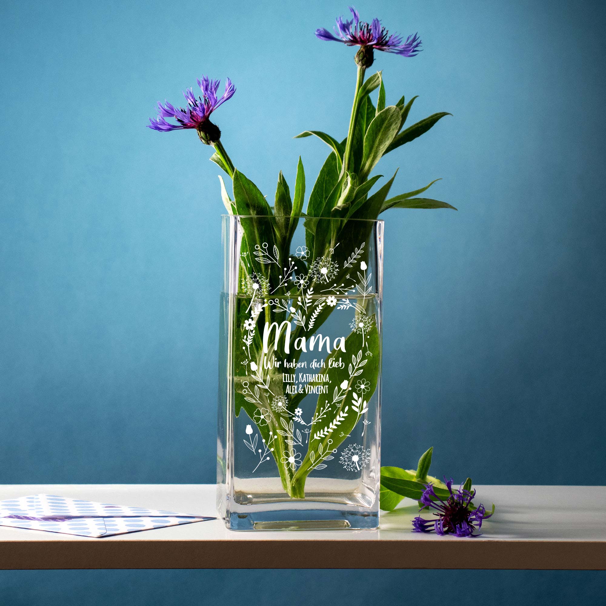 Vase - Eckig - Blumenherz Mama - Personalisiert