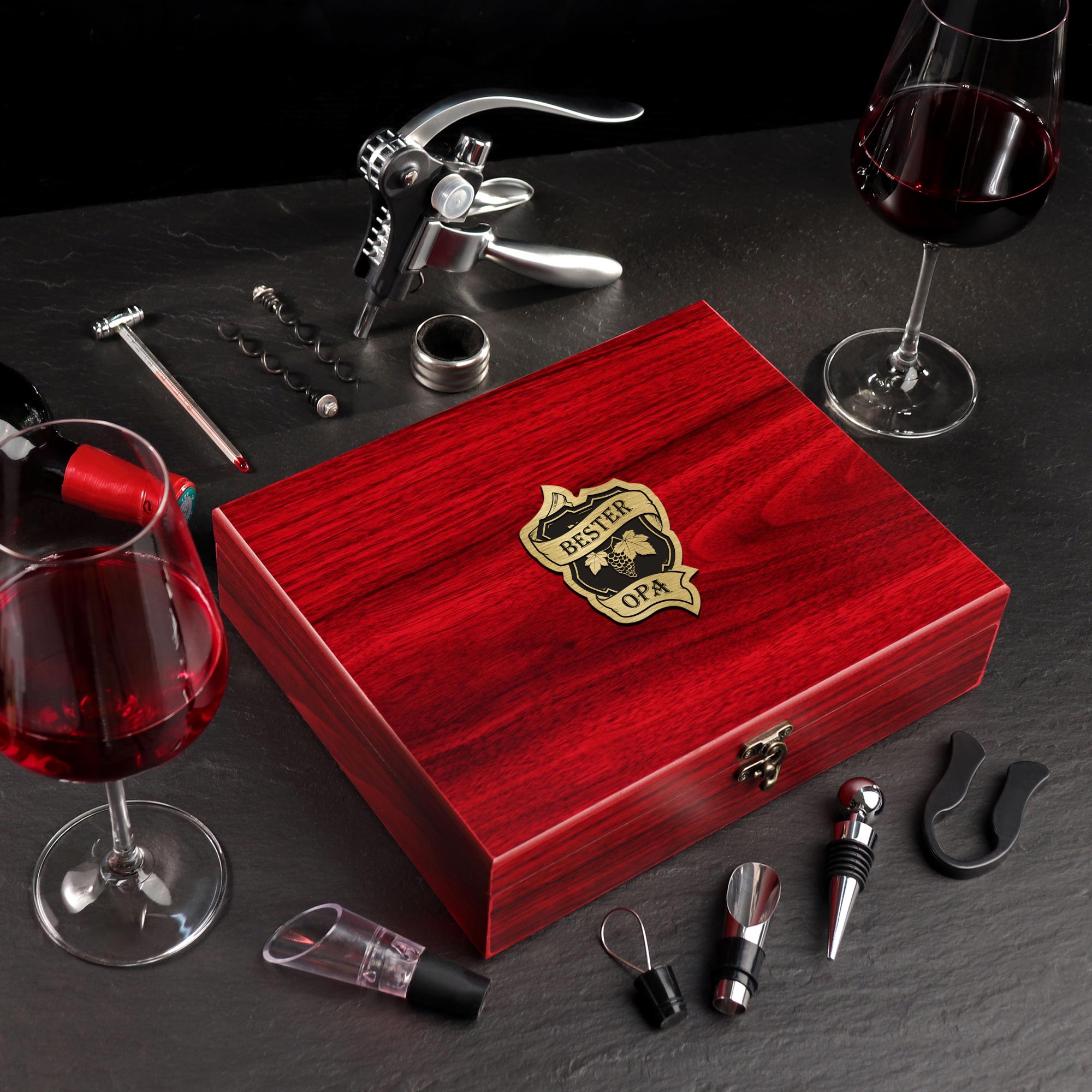 Sommelier Weinset 10-teilig für den besten Opa, Wein Zubehör im Geschenkset mit Gravur, Weinsommelier Set in Holzbox als Geschenk für Weinliebhaber