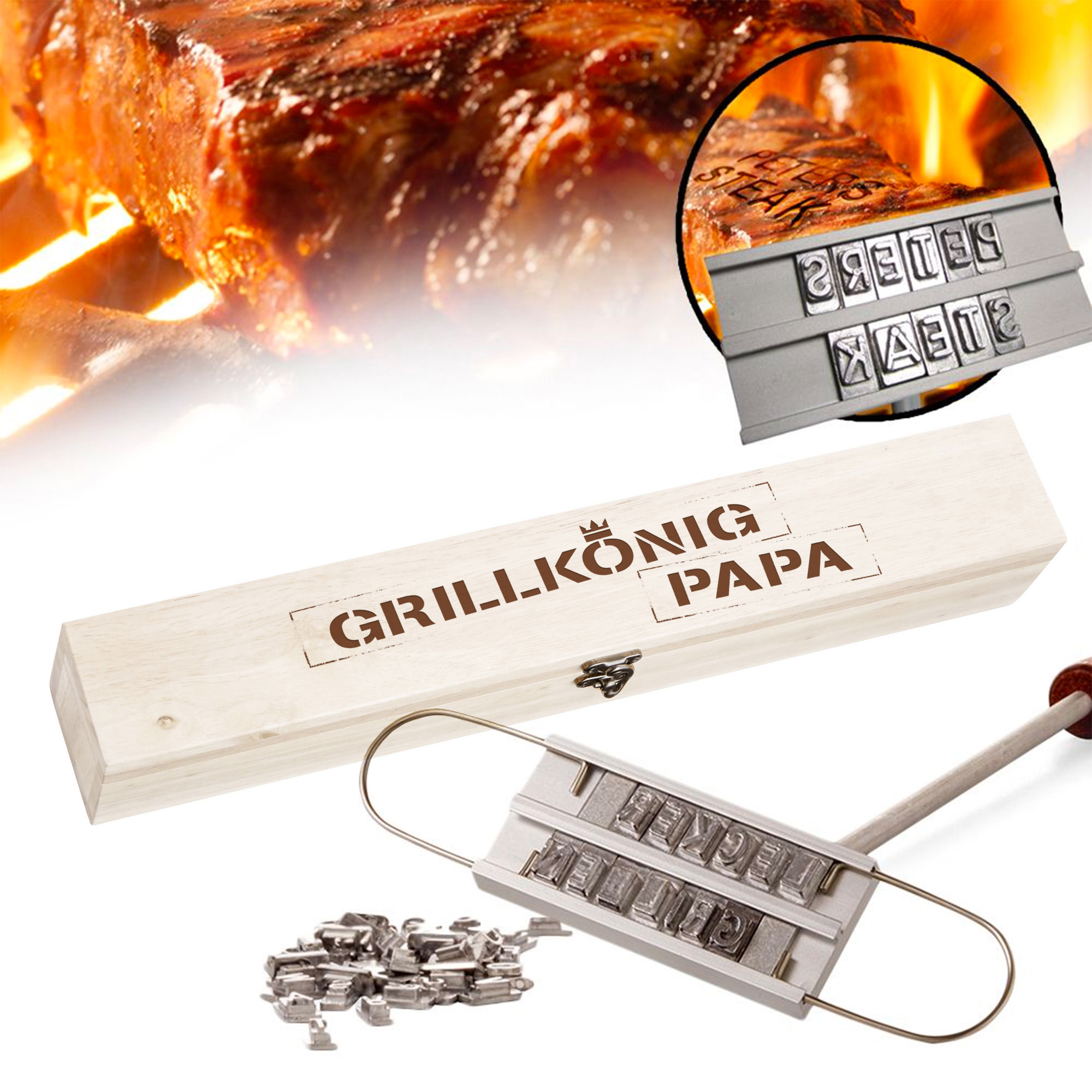 Grillbrandeisen mit Holzbox - Grillkönig - Papa - Standard