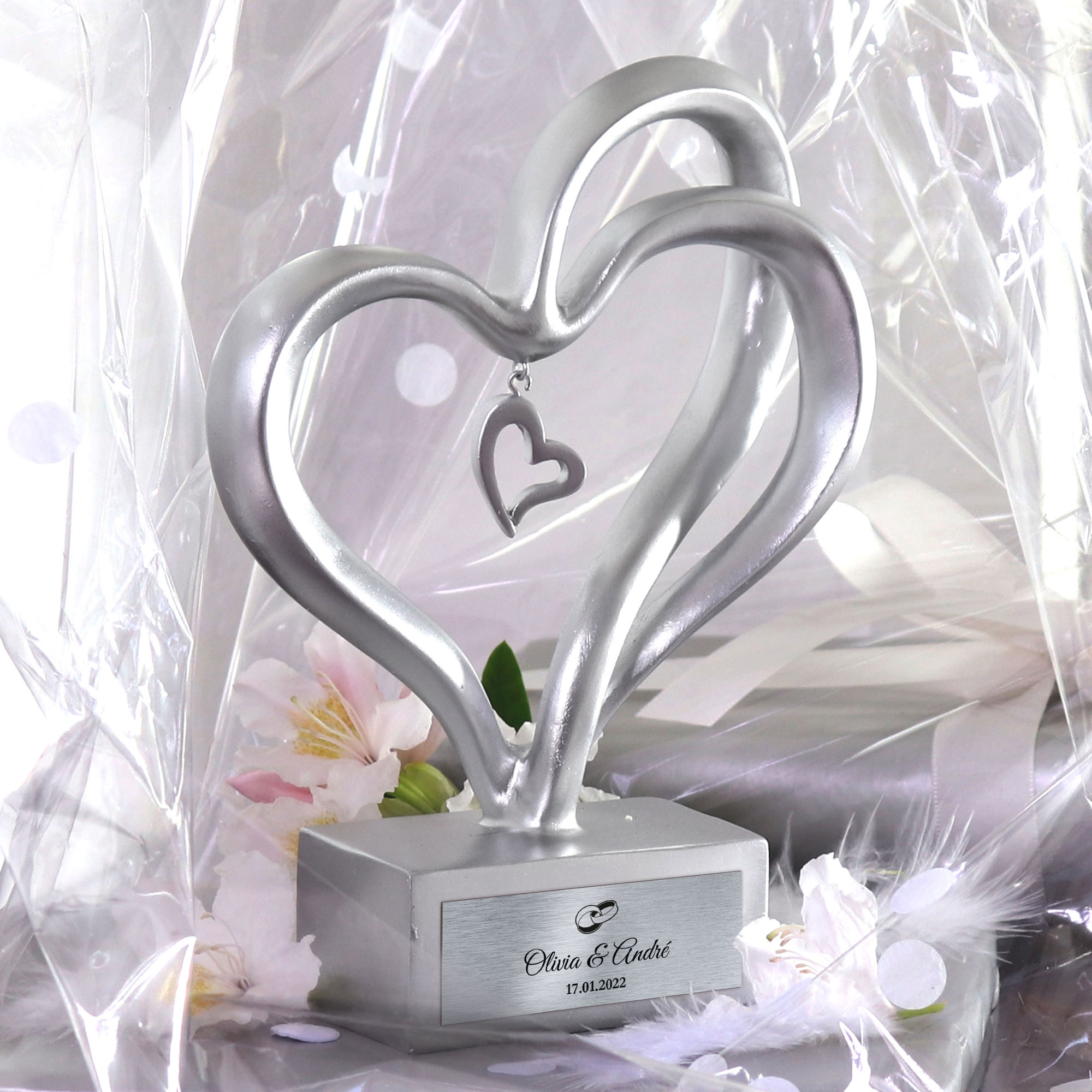 Personalisierte Silber Herz Skulptur zur Hochzeit