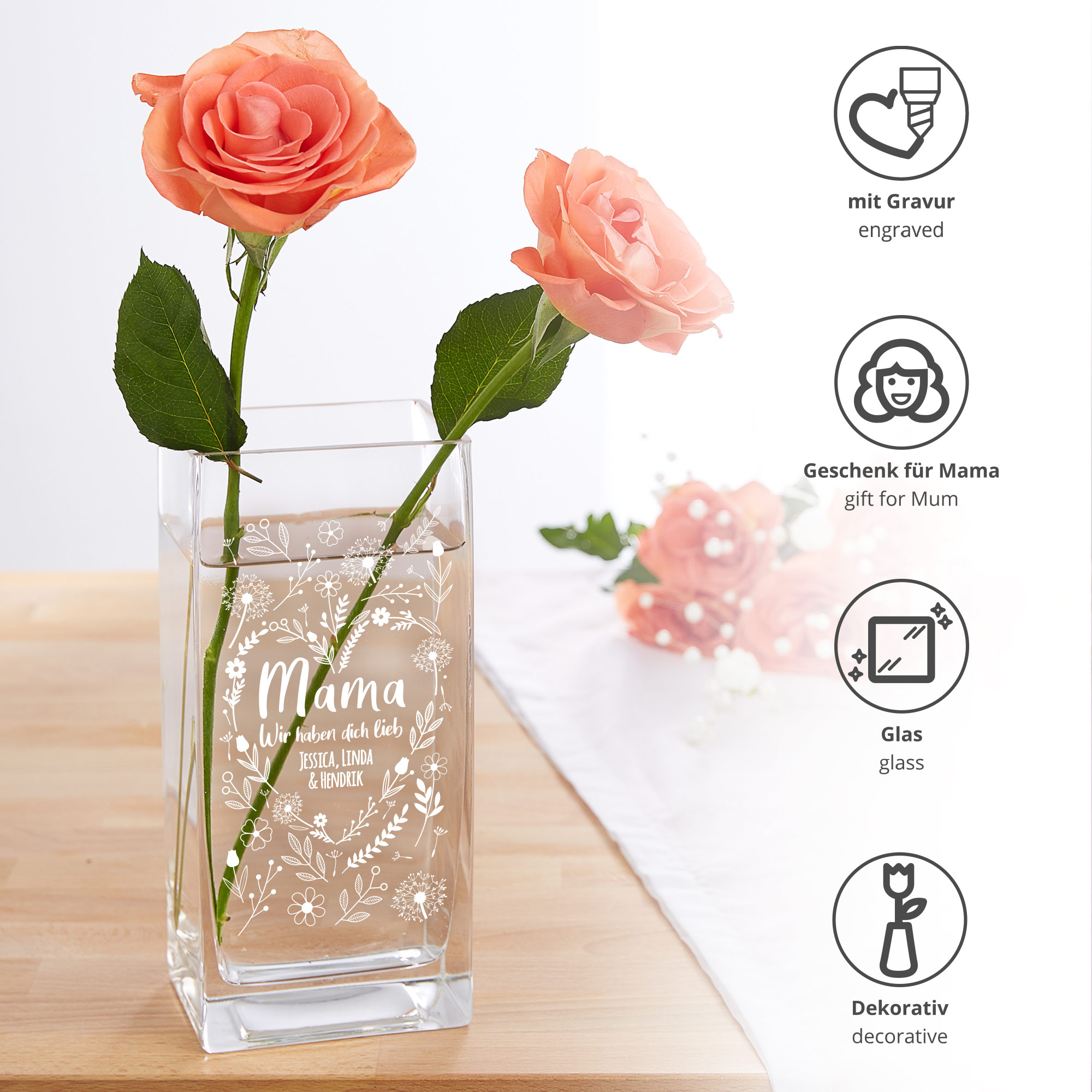 Vase - Eckig - Blumenherz Mama - Personalisiert